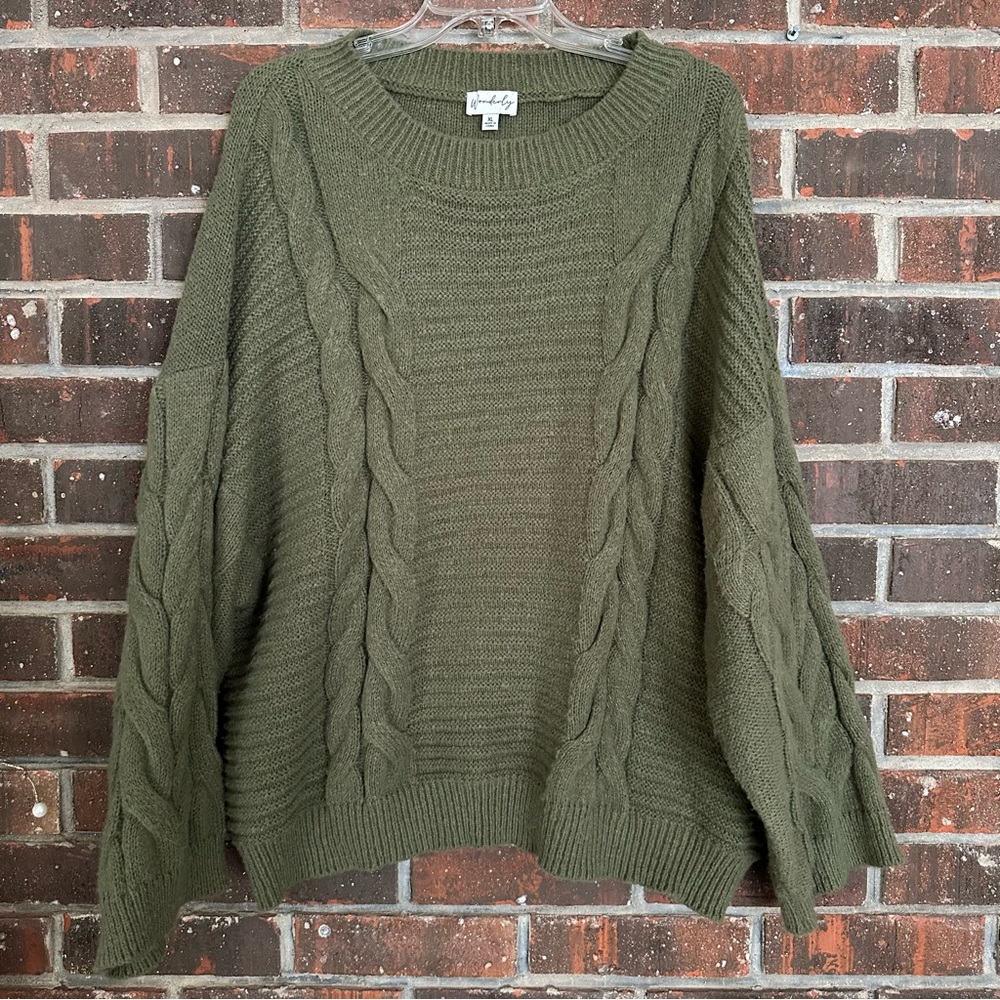 Olive Green Drop Shoulder Cable Knit Wonderly Sweater